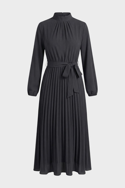 Pleated Midi Dress for Women with Long Sleeves and Belt