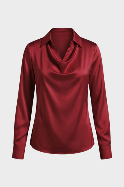 Women's Long Sleeve Waterfall Neck Blouse | Draped Front