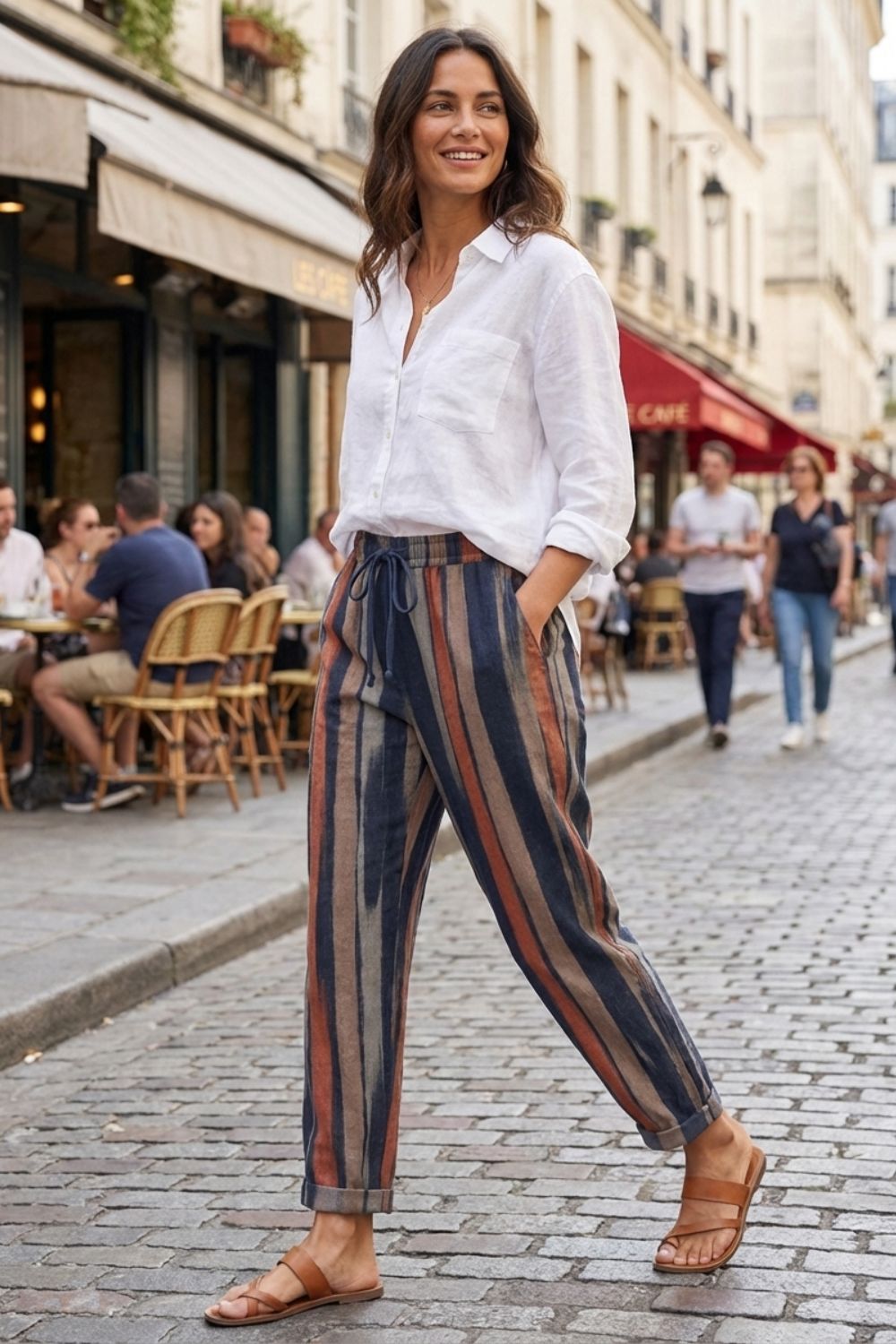 Women's Loose Fit Drawstring Pants | Striped Pattern