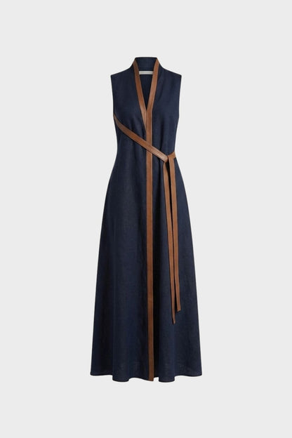 Women's Sleeveless Round Neck Belted Dress | Maxi