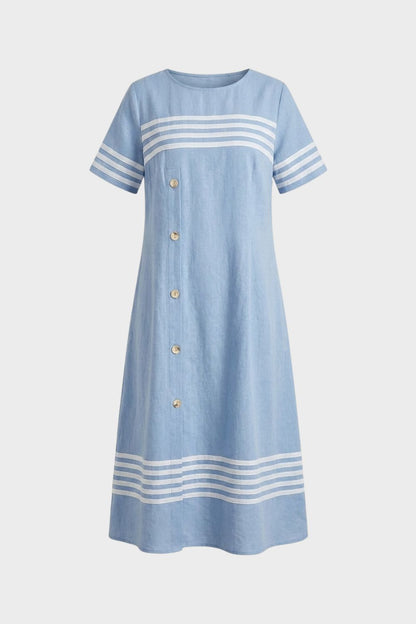 Women's Short Sleeve Round Neck Button Dress | Midi
