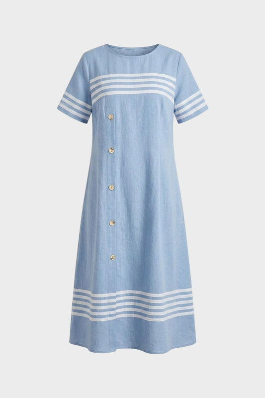 Women's Short Sleeve Round Neck Button Dress | Midi