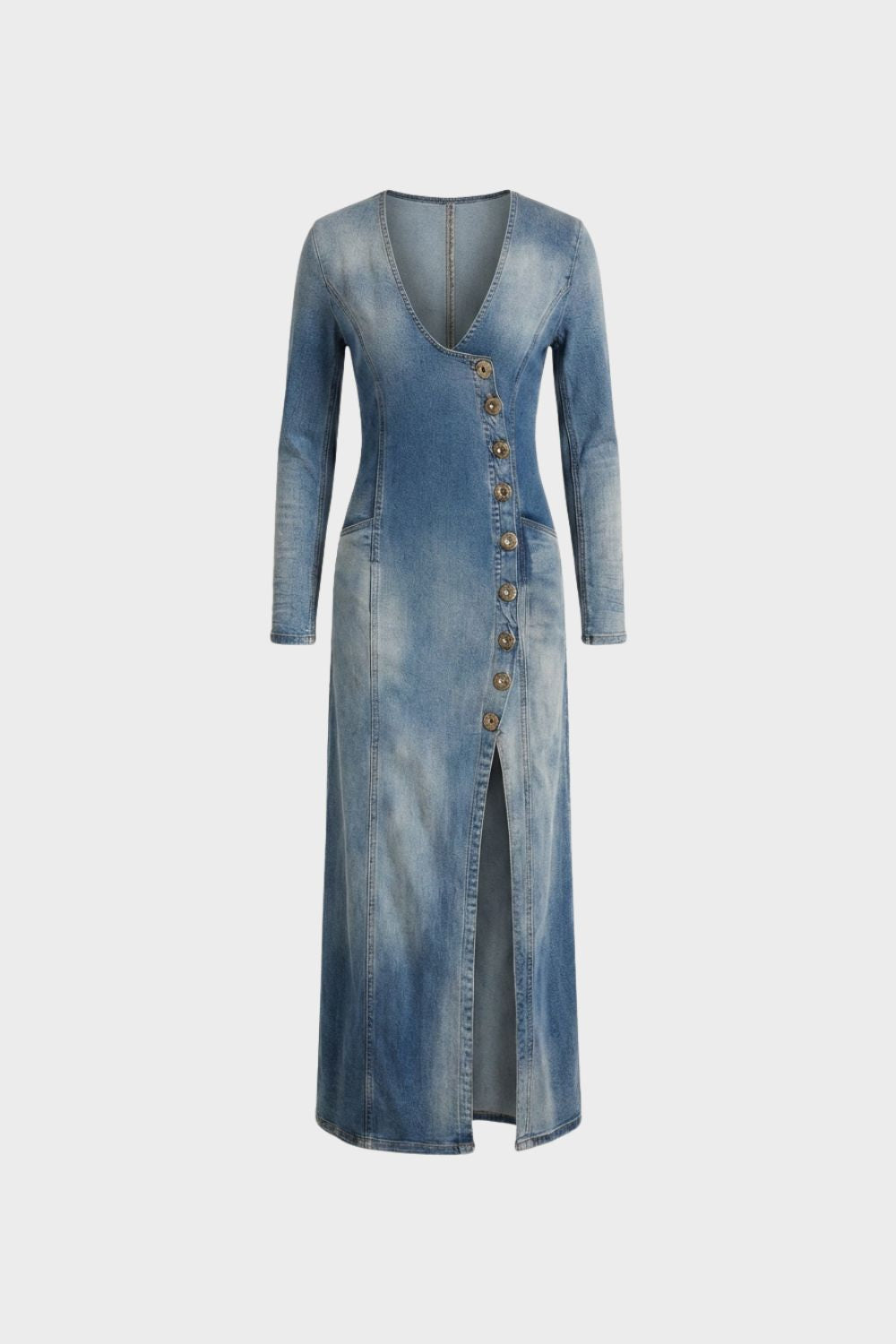 Women's Long Sleeve V Neck Button Dress | Midi