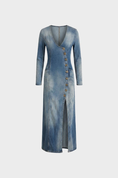 Women's Long Sleeve V Neck Button Dress | Midi