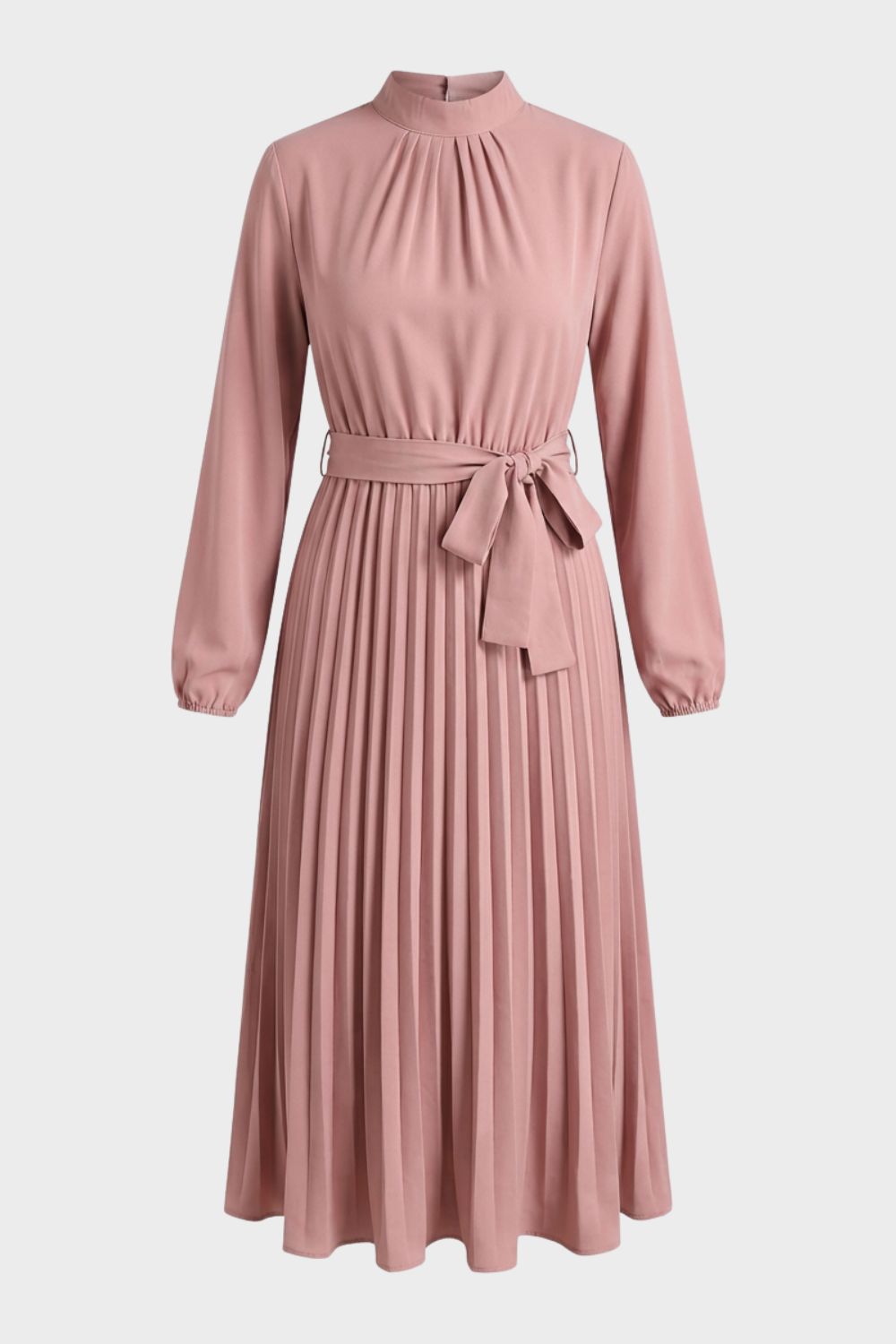Pleated Midi Dress for Women with Long Sleeves and Belt