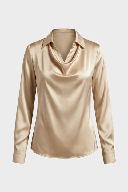 Women's Long Sleeve Waterfall Neck Blouse | Draped Front