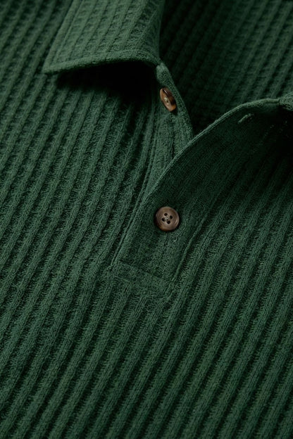 Men's Ribbed Texture Polo Collar Button Casual Shirt | Short Sleeve