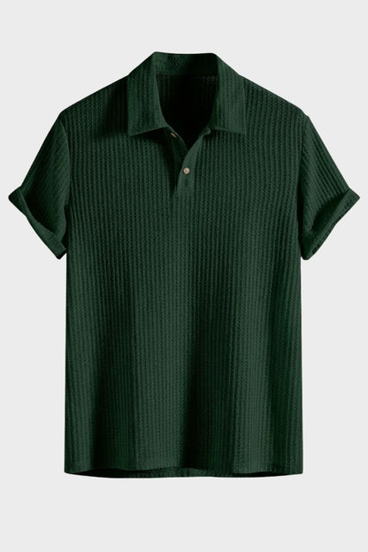 Men's Ribbed Texture Polo Collar Button Casual Shirt | Short Sleeve