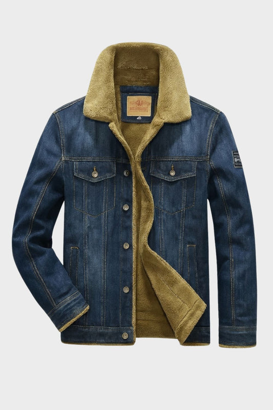 Men's Denim Jacket with Faux Fur Collar and Button Closure
