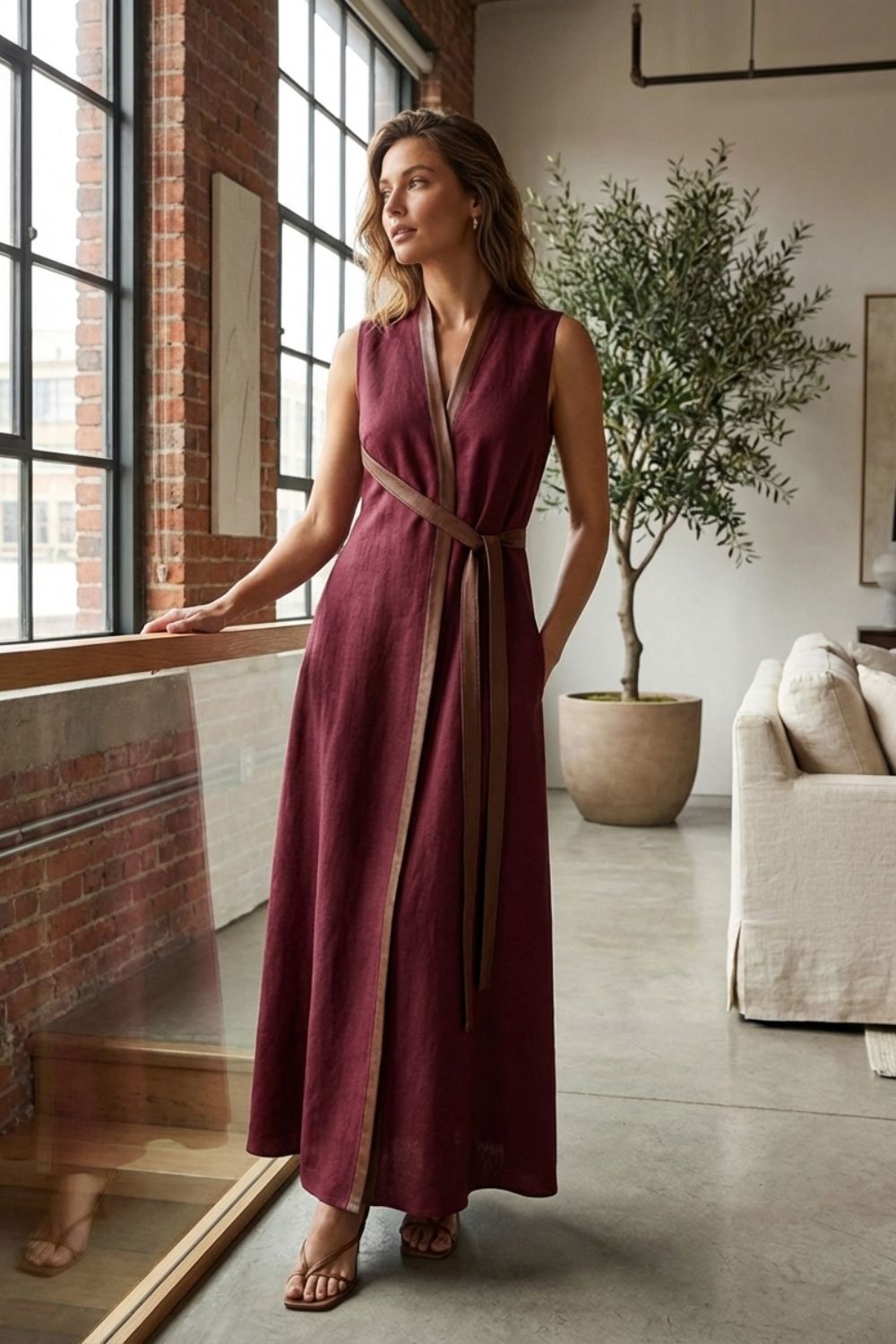 Women's Sleeveless Round Neck Belted Dress | Maxi