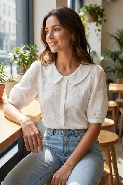 Women's Embroidered Floral Loose Fit Blouse | Round Neck
