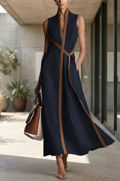Women's Sleeveless Round Neck Belted Dress | Maxi