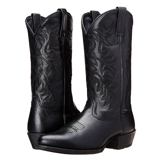 Men's pointed-toe cowboy boots with pull-on shaft and scroll-pattern stitching