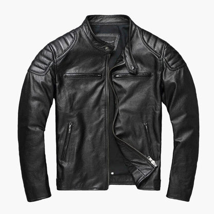 Men's slim-fit motorcycle jacket with stand collar and quilted shoulder panels
