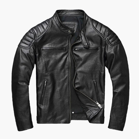 Men's slim-fit motorcycle jacket with stand collar and quilted shoulder panels