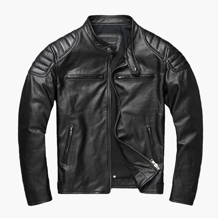 Men's slim-fit motorcycle jacket with stand collar and quilted shoulder panels