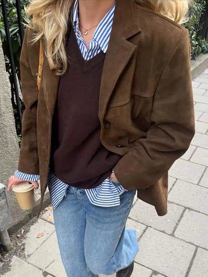 Women's oversized blazer jacket with notched lapel collar and front flap pockets – 2