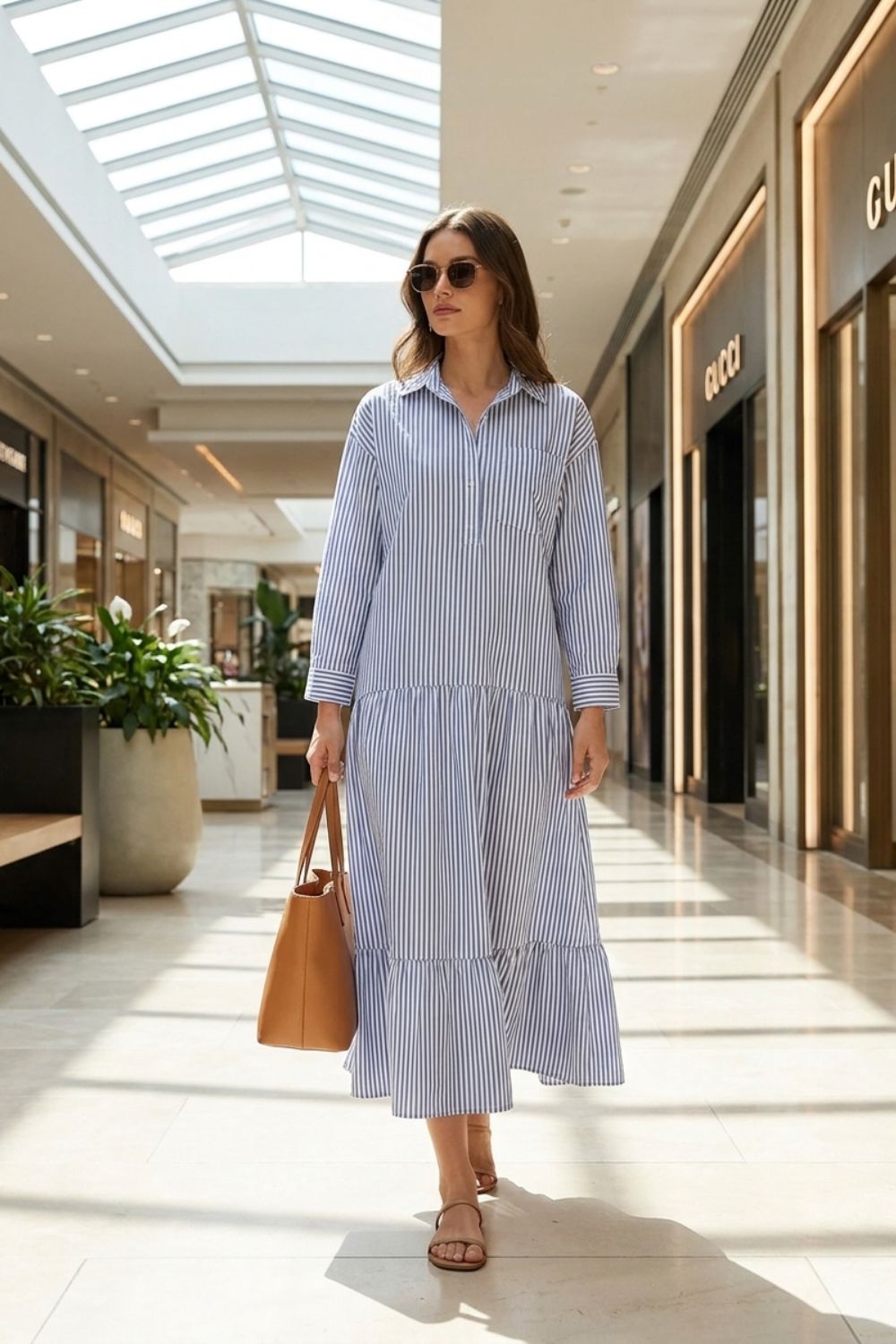 Women's Long Sleeve Loose Fit Stripe Dress | Maxi