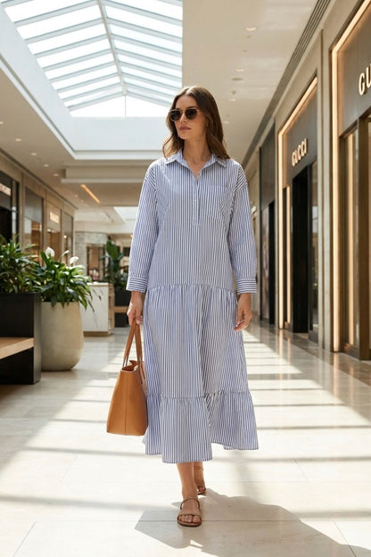 Women's Long Sleeve Loose Fit Stripe Dress | Maxi