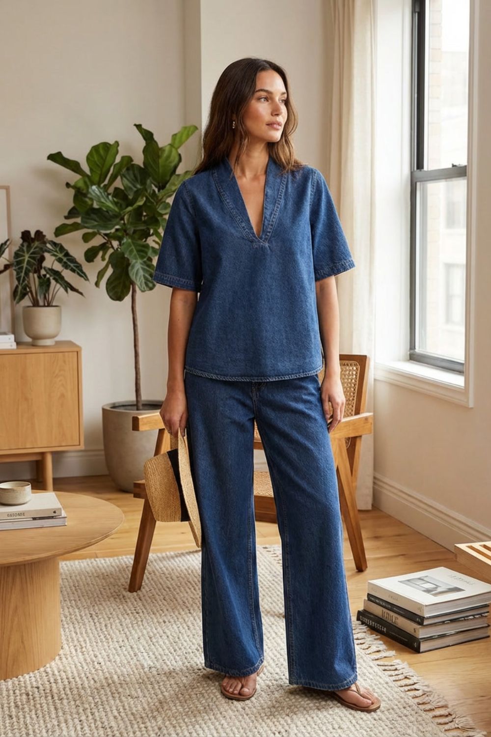Women's Short Sleeve V Neck Top and Loose Pants Set | Everyday Wear