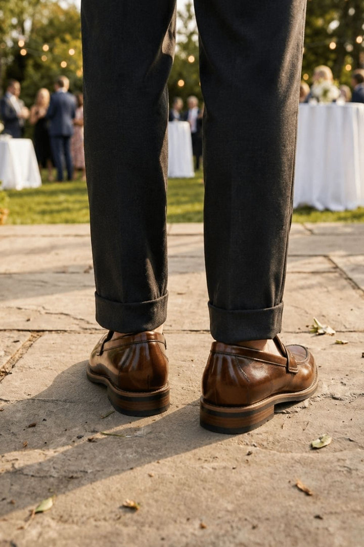Men's burnished penny loafer with stacked block heel and stitched apron toe – 4
