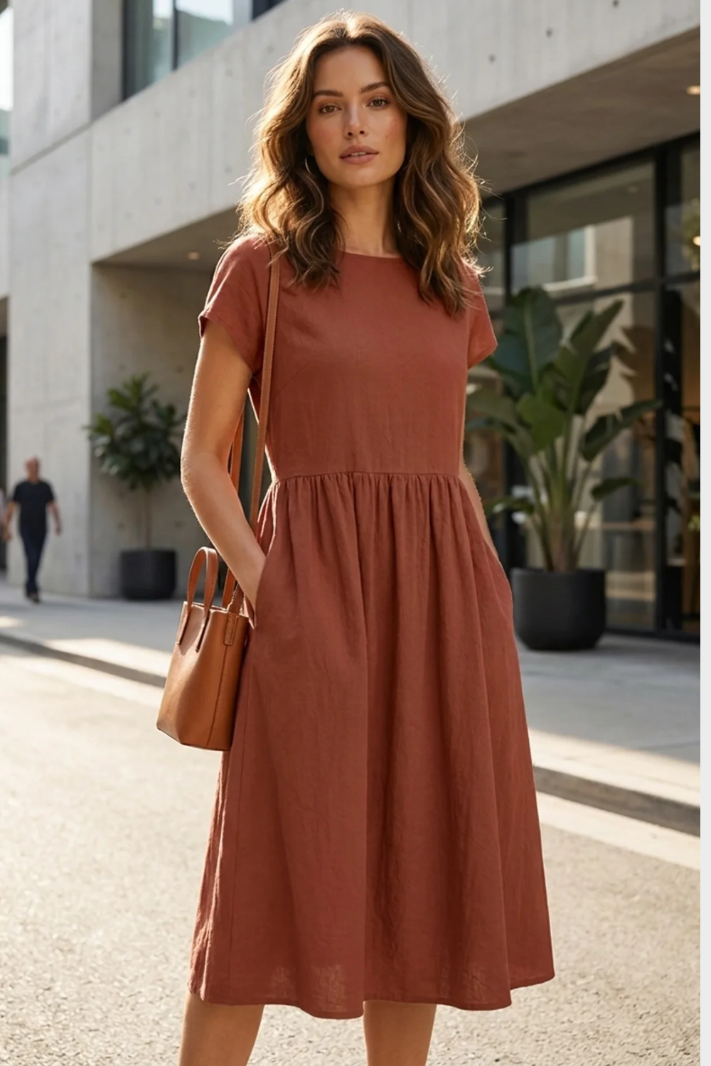 Short Sleeve Round Neck Midi Dress for Women