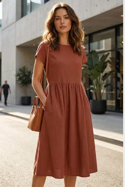 Short Sleeve Round Neck Midi Dress for Women
