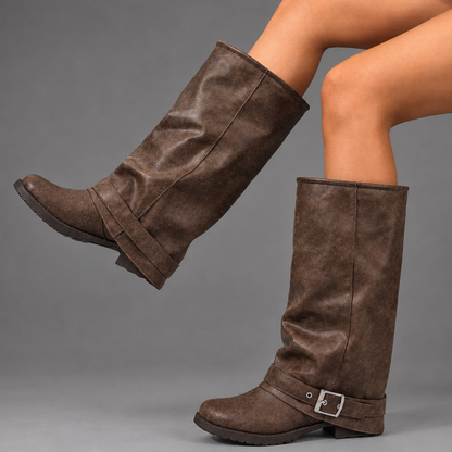 Women's knee-high slouch boots with buckle strap and lugged sole
