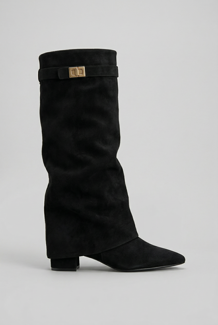 Women's knee-high pull-on boot with foldover cuff and turn-lock buckle strap