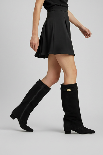 Women's knee-high pull-on boot with foldover cuff and turn-lock buckle strap – 2
