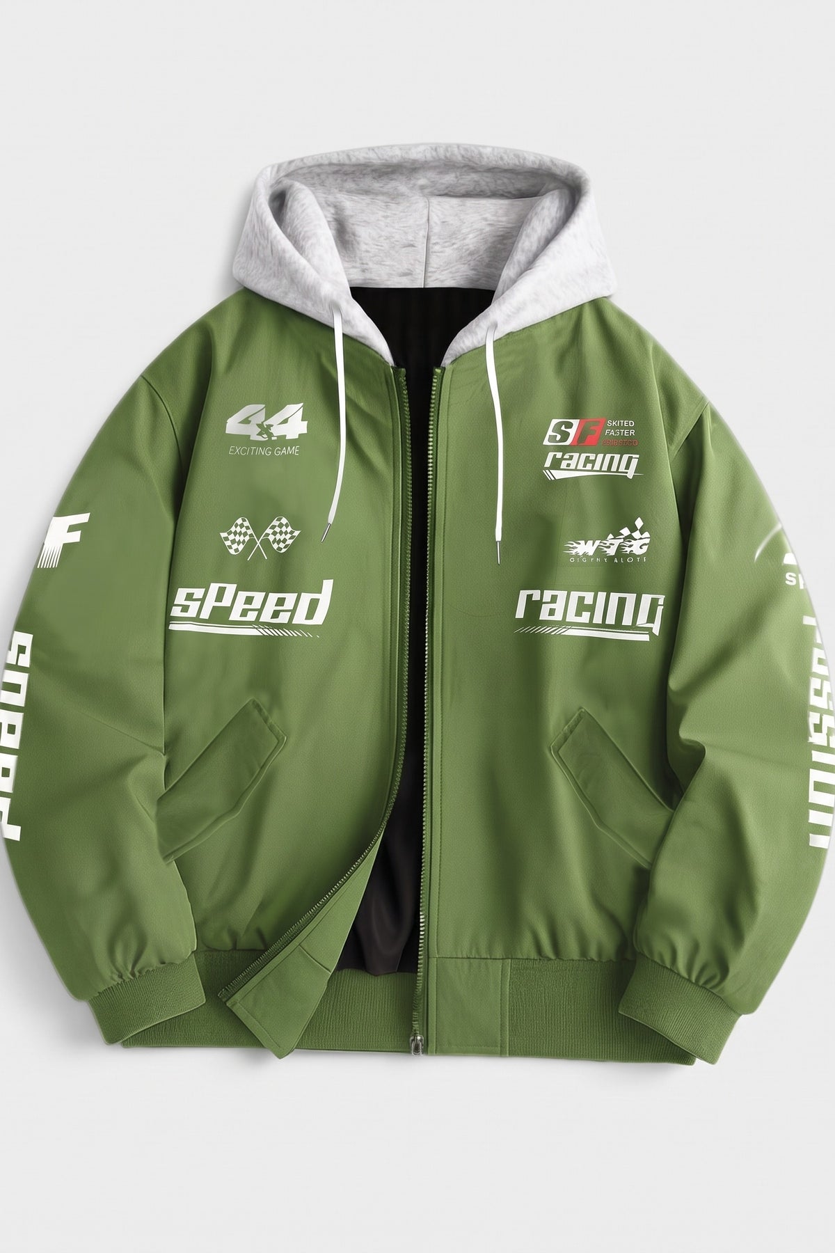 Men's hooded bomber jacket with racing graphic print and ribbed cuffs – Apple Green — packshot