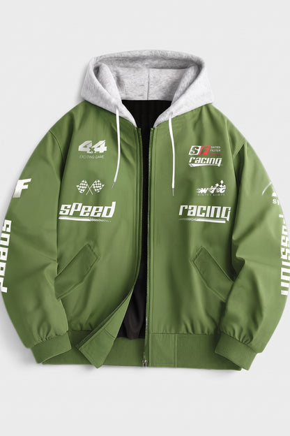 Men's hooded bomber jacket with racing graphic print and ribbed cuffs – Apple Green — packshot
