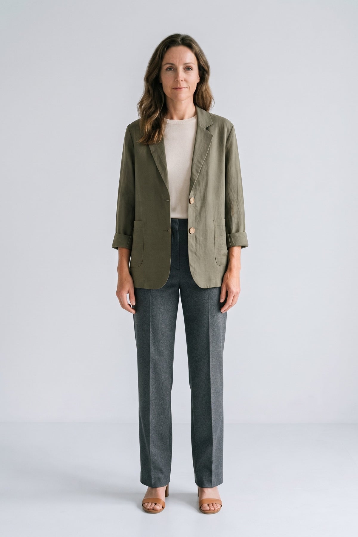 Women's Notched Lapel Blazer | Curved Hem — Army Green — front view — on model