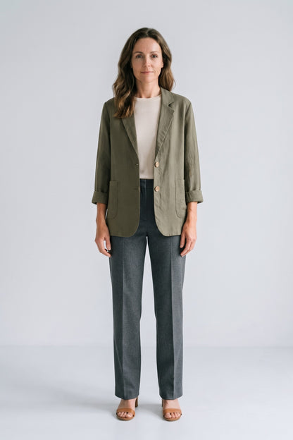 Women's Notched Lapel Blazer | Curved Hem — Army Green — front view — on model