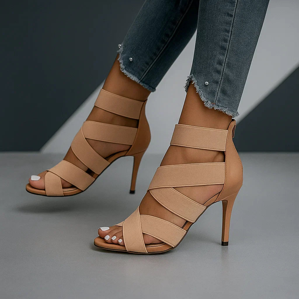Women's heeled sandals with crisscross straps and open toe