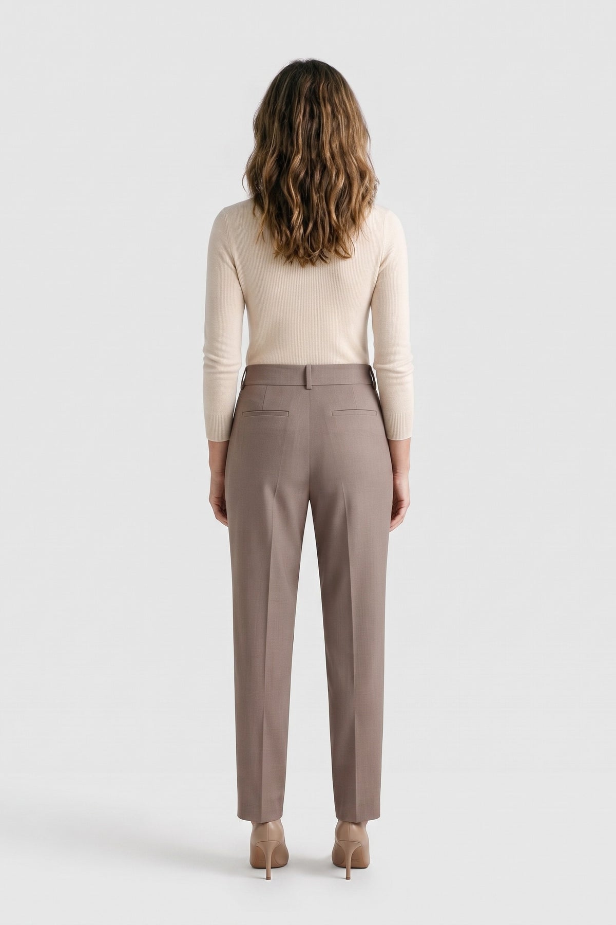 Women's Fitted Turtleneck Sweater | Ribbed — Beige — back view — on model