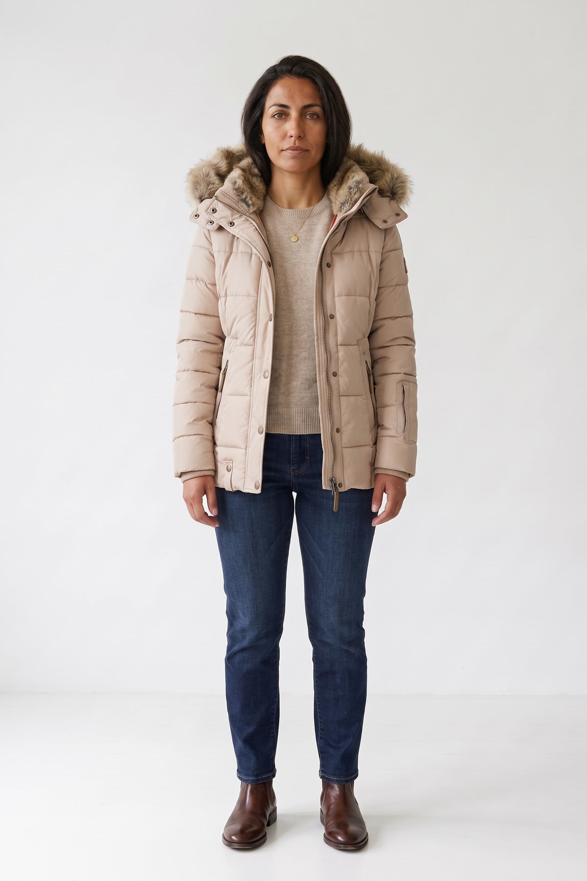 Women's Puffer Jacket | Fur-Trimmed Hood — Beige — front view — on model