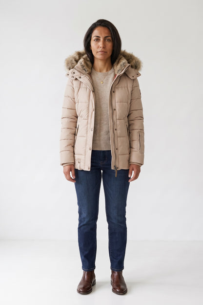 Women's Puffer Jacket | Fur-Trimmed Hood — Beige — front view — on model