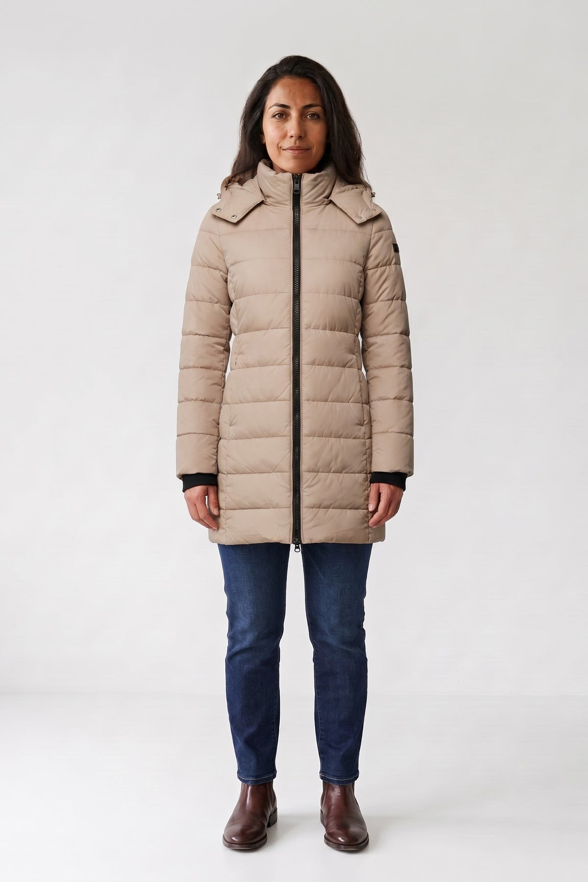 Women's Longline Puffer Coat | Hooded — Beige — front view — on model