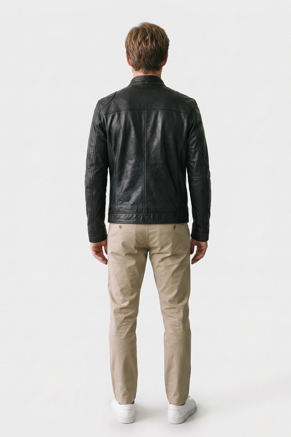 Men's Biker Jacket | Stand-Up Collar — Black — back view — on model