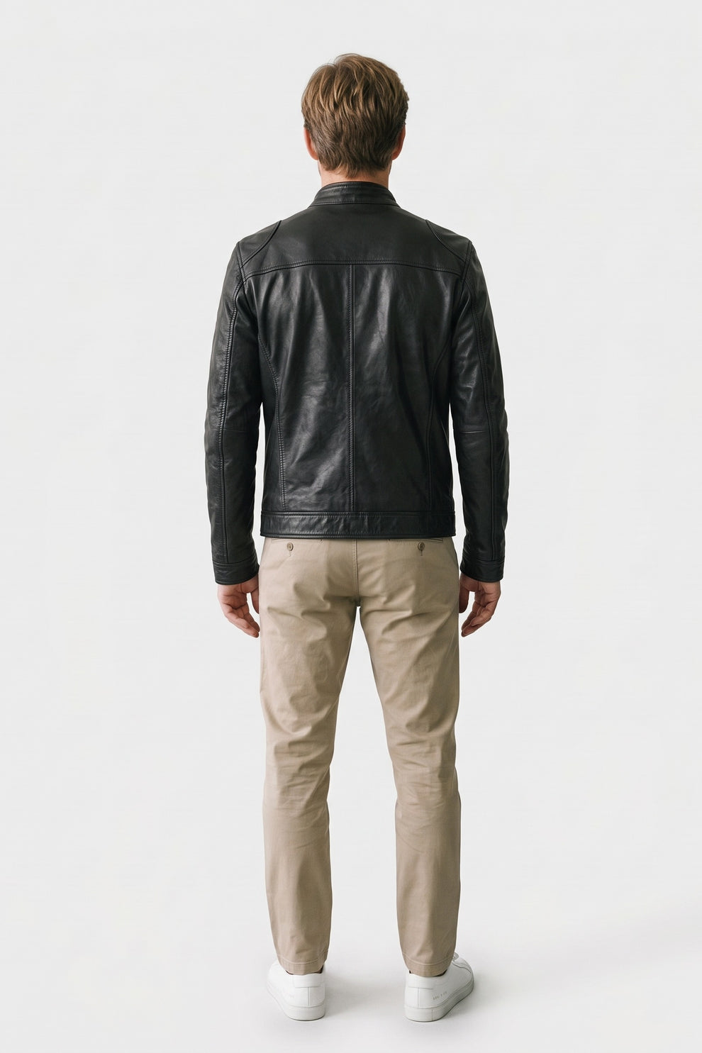 Men's Biker Jacket | Stand-Up Collar — Black — back view — on model
