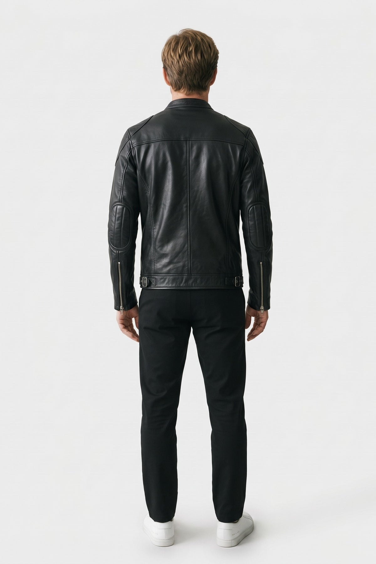 Men's Motorcycle Jacket | Slim Biker Fit — Black — back view — on model
