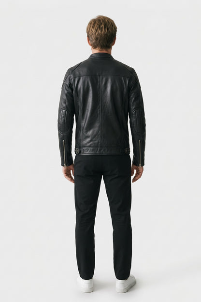 Men's Motorcycle Jacket | Slim Biker Fit — Black — back view — on model