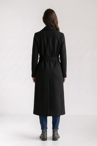 Women's Belted Coat | Double-Breasted — Black — back view — on model