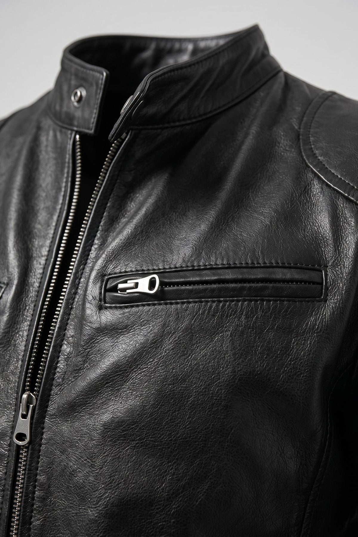 Men's Biker Jacket | Stand-Up Collar — Black — detail — on model