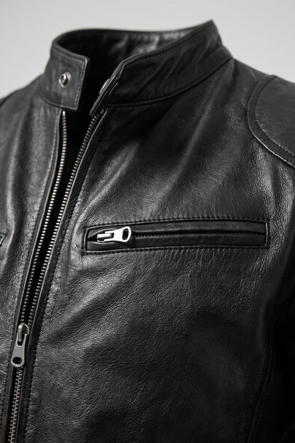 Men's Biker Jacket | Stand-Up Collar — Black — detail — on model