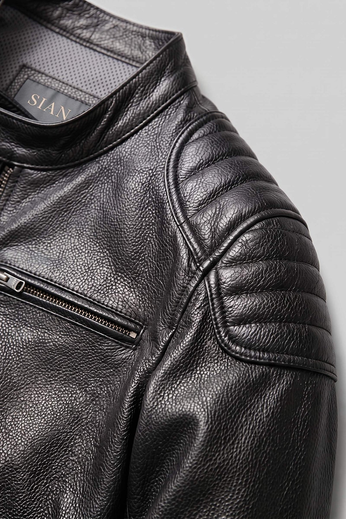 Men's Motorcycle Jacket | Slim Biker Fit — Black — detail — on model