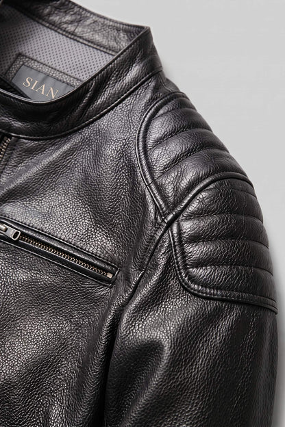 Men's Motorcycle Jacket | Slim Biker Fit — Black — detail — on model