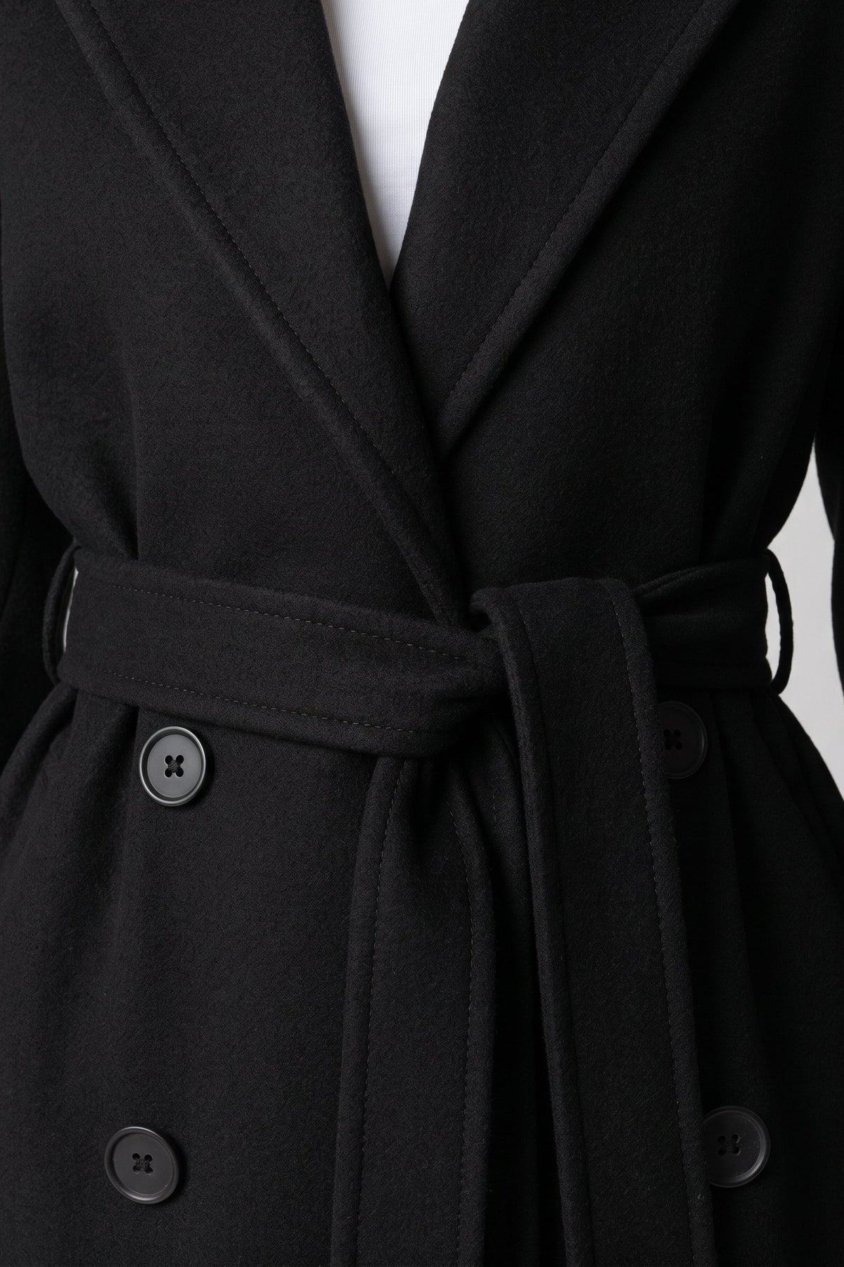 Women's Belted Coat | Double-Breasted — Black — detail — on model