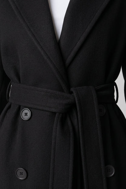 Women's Belted Coat | Double-Breasted — Black — detail — on model